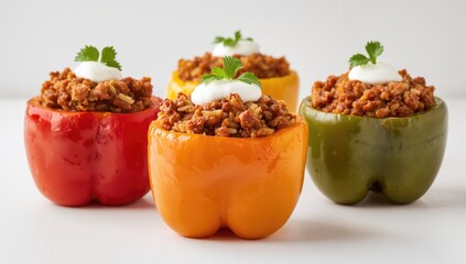 Bright stuffed peppers filled with rice, minced meat, and yogurt from the front angle