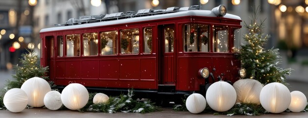 Festive red tram decorated with lights and winter greenery in a city square during the holiday season