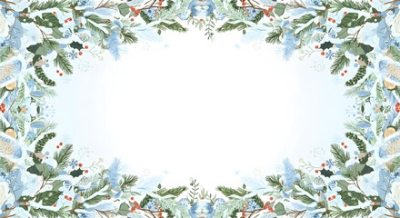 Elegant watercolor winter foliage frame for holiday greetings, invitations, and festive designs, creating a warm and inviting seasonal atmosphere for joyful celebrations