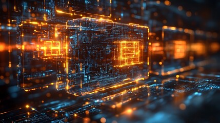 Glowing circuitry with complex patterns and vibrant colors