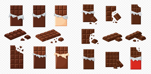 A collection of chocolate bar illustrations, some wrapped, some broken, and some whole, on a transparent background.