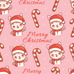 Cute kawaii Christmas seamless pattern with bunny and candy cane, funny New Year illustration