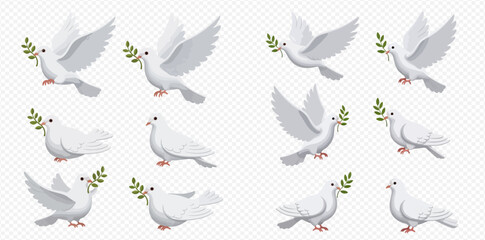 A collection of white doves carrying olive branches, symbolizing peace and hope.
