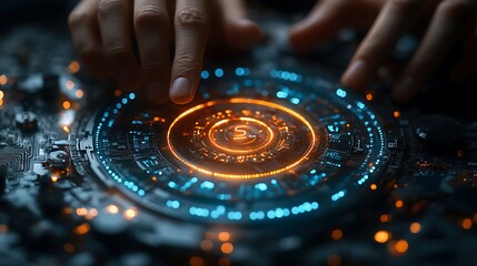 Hands interact with glowing circular technology interface