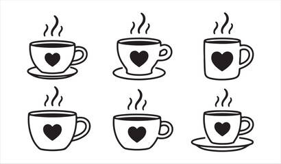 Coffee and Tea Cup Illustration Set — Warm Beverage Vector Icons with Heart Symbols for Graphic Design and Café Branding