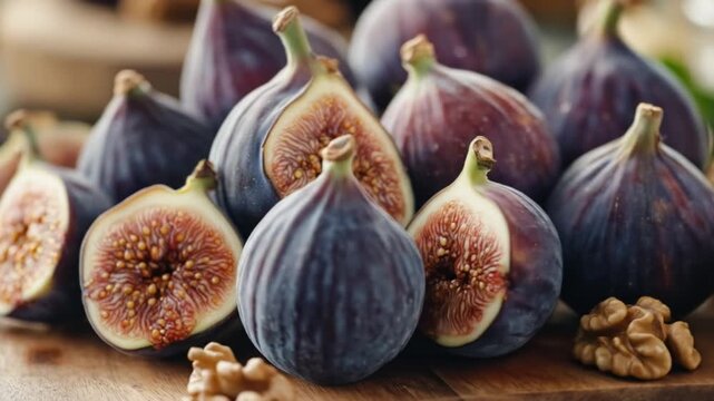 Fresh figs on wooden board with walnuts closeup food photography