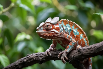 Obraz premium A chamelon is on a leafy tree branch in a closeup photo.