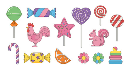 Colorful Candy and Sweets Collection Whimsical Illustration Featuring Lollipops, Hard Candies, Cartoon Animals, and Stacking Toy on White Background for Children's Designs and Creative Projects Full 2
