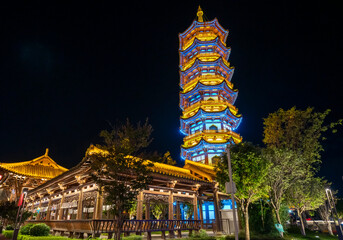 Luminous Attic and Pagoda in the Night Scene of Ancient City, Xichang, Sichuan, China