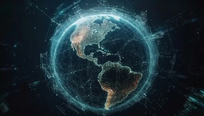The illustration shows the Americas, with a network of glowing lines connecting various points across the continents, set against a dark background.