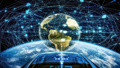 The illustration shows a futuristic car connected to a global network of data streams visualized around the Earth.