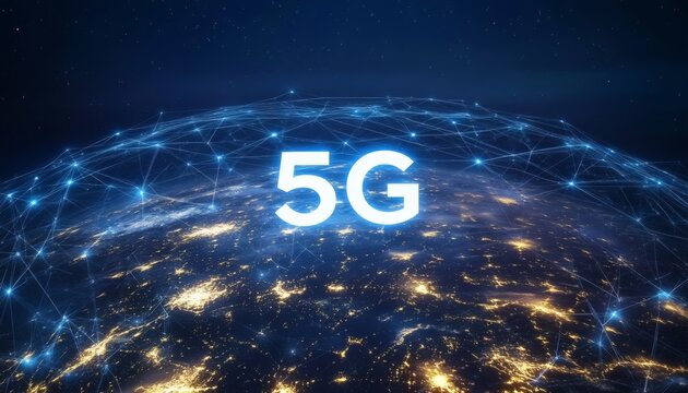 A digital illustration shows a glowing 5G network connecting the earth, with city lights visible below, set against a dark space background.