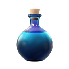 Blue Potion Bottle With Cork Stopper. Fantasy Elixir For Magic And Alchemy Concepts Isolated On Transparent Background