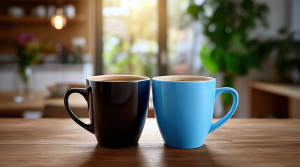 Fototapeta premium Warm coffee mugs on a wooden table in a cozy kitchen