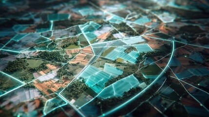 Aerial smart-farming network — teal & cyan neon overlays for agriculture monitoring, IoT dashboards and presentation backgrounds