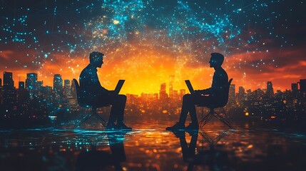 Two people with laptops facing each other over cityscape