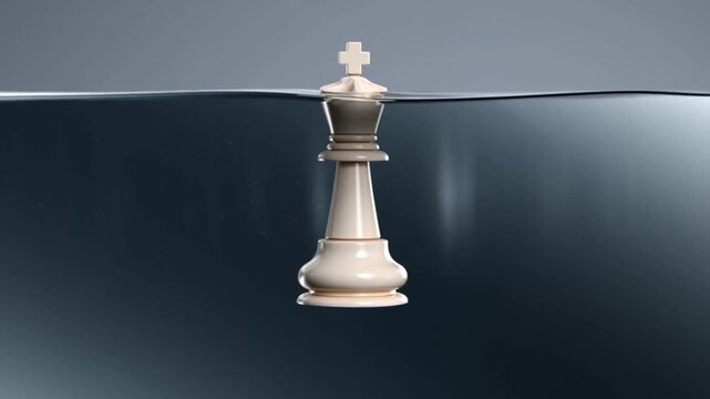 Conceptual Animation of a Chess King Sinking into Water. This impactful visual symbolizes defeat, failure, being overwhelmed, surrender, a critical loss, or facing an insurmountable problem