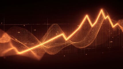 Abstract data visualization with glowing orange lines and intricate patterns representing fluctuating metrics and analytical trends in digital space