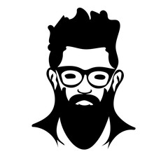 black and white vector illustration of a bearded man wearing glasses. 