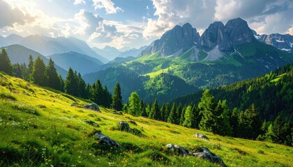 Fototapeta premium Mountain Meadow Landscape with Sunlit Peaks