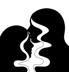 Woman with long hair kiss girl, art lines drawing beauty 