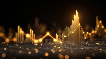 Golden Abstract Data Visualization with Glowing Elements and Rising Graph Patterns for Financial Analysis or Technology Presentation