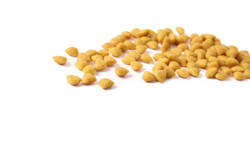 Hydrolyzed soy protein cat food. Pile of veterinarian prescribed hypoallergenic diet for cats or dogs with food allergies or gastrointestinal issues. Low molecular weight peptides. Selective focus.