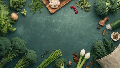 Top view of fresh green veggies and herbs arranged on a surface. Concept of switching to plant-based eating, healthy cooking, and shopping.