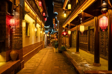 Night view of ancient Chinese city streets