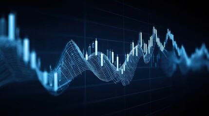 Abstract representation of financial market trends with dynamic lines, bars, and waves showcasing growth and analysis in a digital environment