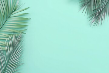 Fototapeta premium Tropical Leaf Composition: Refreshing palm leaves artfully arranged over a soft, aqua backdrop evoke a sense of calm and natural elegance.