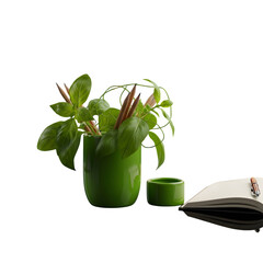 Inspiring workspace with basil plant, pencils, and open notebook offers a creative boost for writers, artists, and professionals seeking fresh ideas