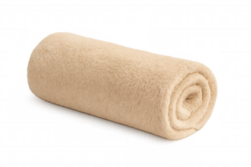 Rolled beige fleece blanket providing warmth and comfort, a soft plush textile on transparent background