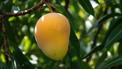 A ripe mango dangles from a branch amidst vibrant green foliage, its smooth skin showcasing shades of yellow and green under filtered sunlight.