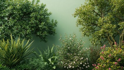 Close-up of vibrant summer garden foliage with colorful leaves and lush greenery