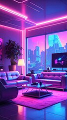 Neon Pink Purple Cityscape Living Room