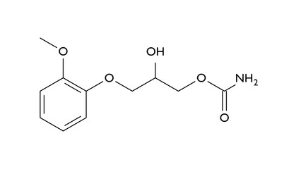 methocarbamol molecule, structural chemical formula, ball-and-stick model, isolated image cns depressant