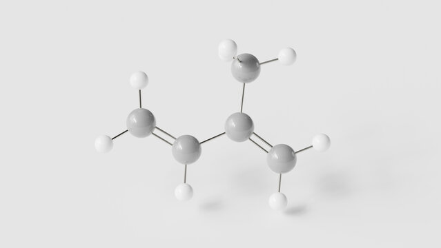 isoprene molecule 3d, molecular structure, ball and stick model, structural chemical formula natural rubber