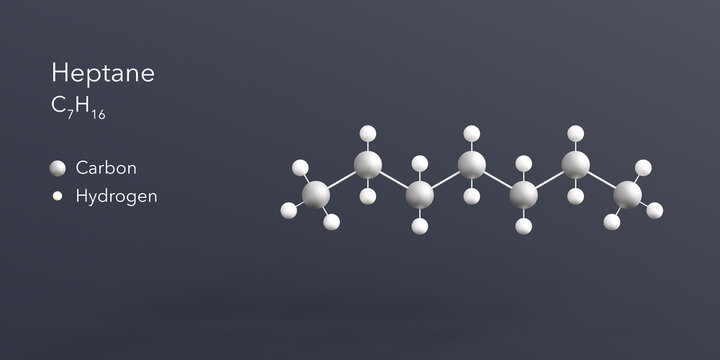 heptane molecule 3d rendering, flat molecular structure with chemical formula and atoms color coding