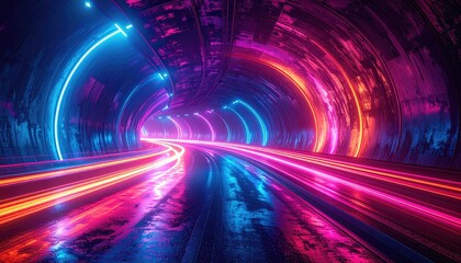 Neon Tunnel Road at Night with Pink and Blue Lights