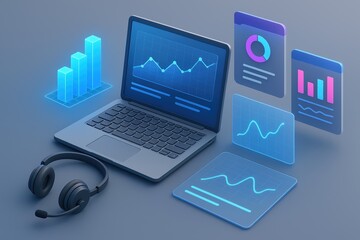 Modern Tech Analysis: A futuristic workstation comes to life, a sleek laptop displays insightful data visualizations and analytical information, perfectly showcasing the digital world. 