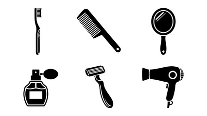 Obraz premium Clean Black Silhouette Icons of Personal Grooming Objects with Simple Shapes