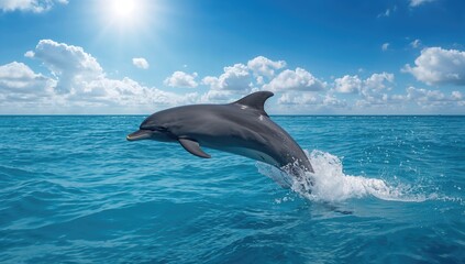 Fototapeta premium Marine Mammal Leaping Out of Ocean Beneath a Clear Sky with Sunlight