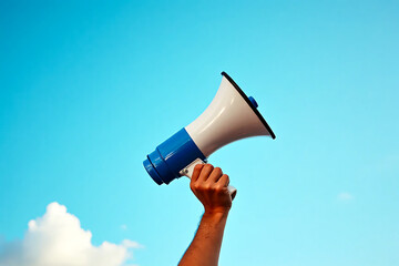 Hand Holding A Blue And White Megaphone Up Towards A Bright Blue Sky With A Few Clouds