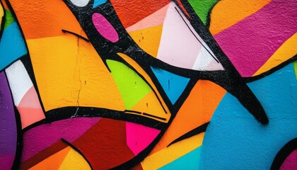 Fototapeta premium The illustration shows a vibrant graffiti artwork featuring a mix of geometric shapes, predominantly triangles and irregular polygons, in bold colors such as orange, pink, blue, and black.