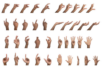 Hand gesture set with fingers pointing, counting, and touching. Black skin male making various