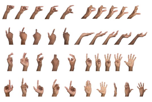 Hand gesture set with fingers pointing, counting, and touching. Black skin male making various