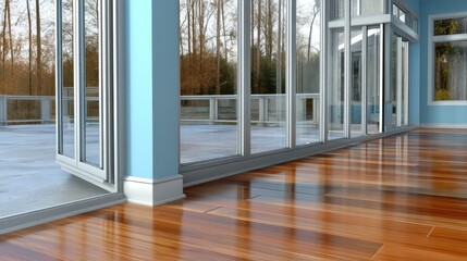 Fototapeta premium Bright and spacious interior with hardwood flooring and large windows overlooking a serene outdoor area in a contemporary style