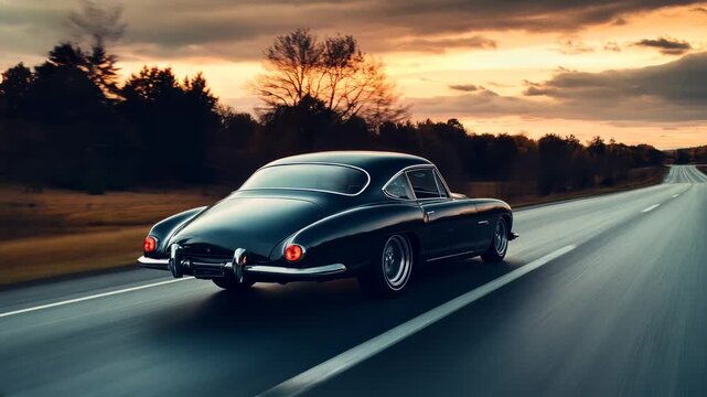 A vintage car speeds down a highway at sunset, captured from a low-angle. The video-style motion blur adds a dynamic feel to the scene. Live desktop wallpaper.