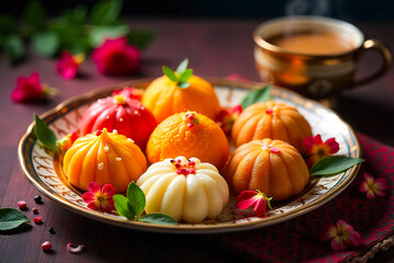 A Decorative Plate Filled With Colorful Indian Sweets And A Cup Of Tea In The Background Perfect For Festive Occasions